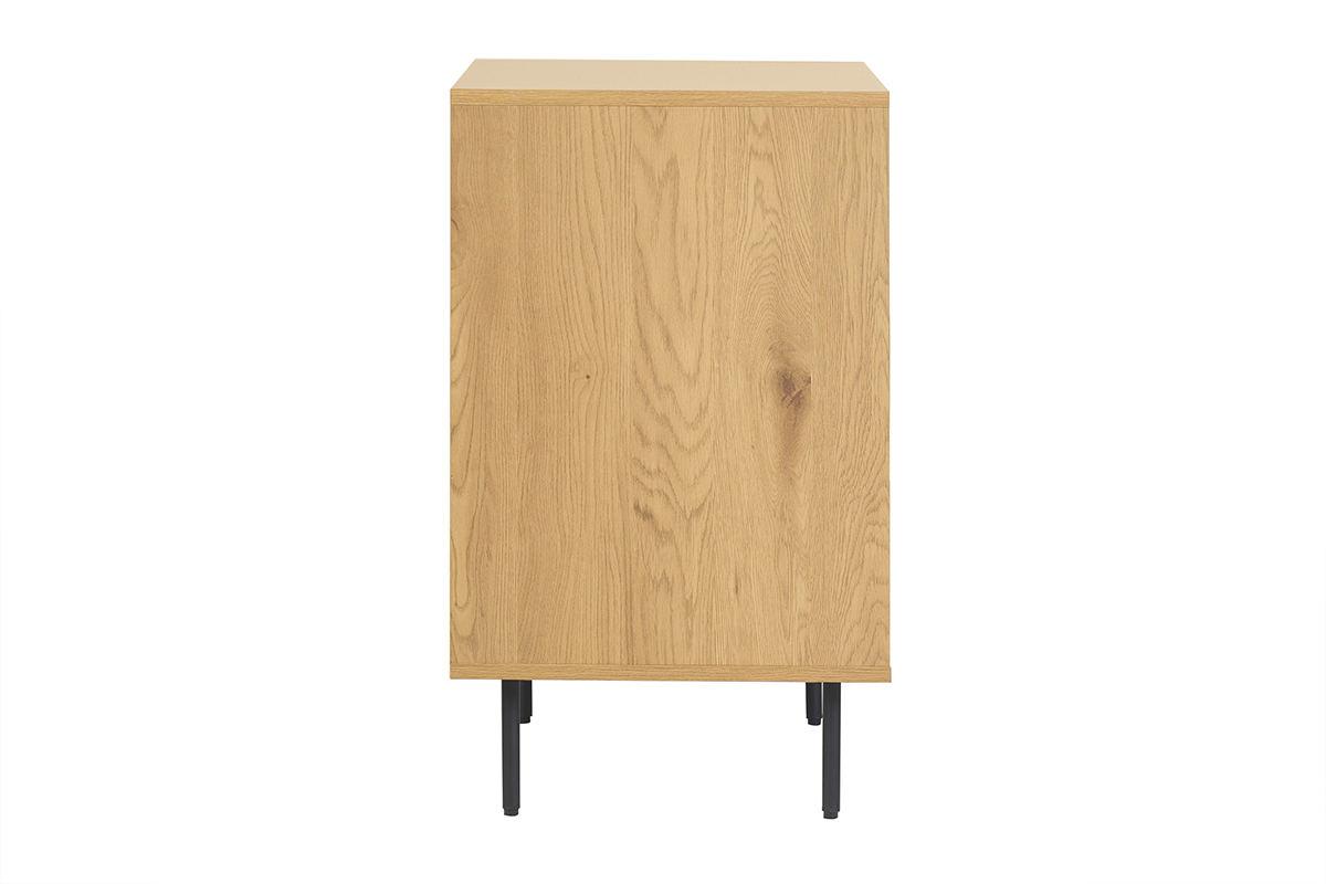 Meuble de salle de bain en bois clair ch�ne et m�tal noir, vue de profil, avec pieds fins.