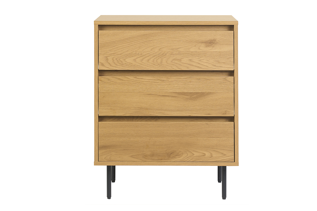 Meuble de salle de bain en bois clair ch�ne et m�tal noir avec trois tiroirs, vue de face.