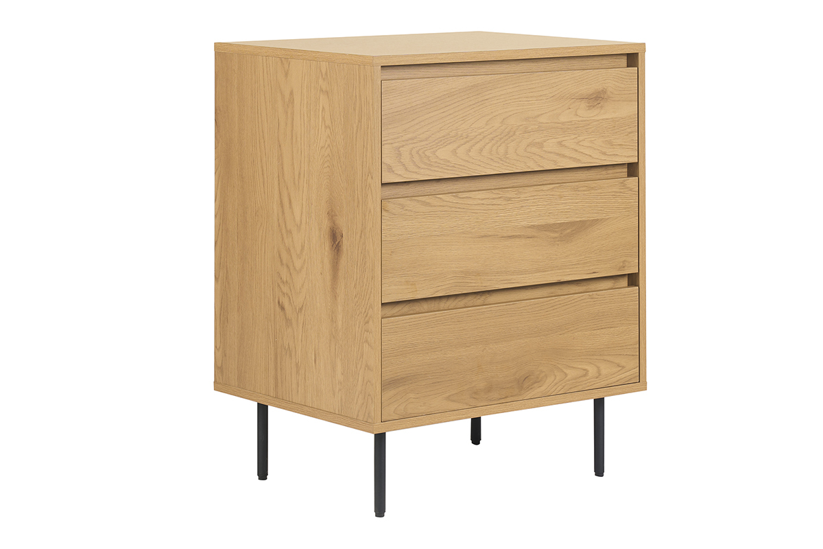 Meuble de salle de bain en bois clair ch�ne et m�tal noir, trois tiroirs, vue de 3/4.