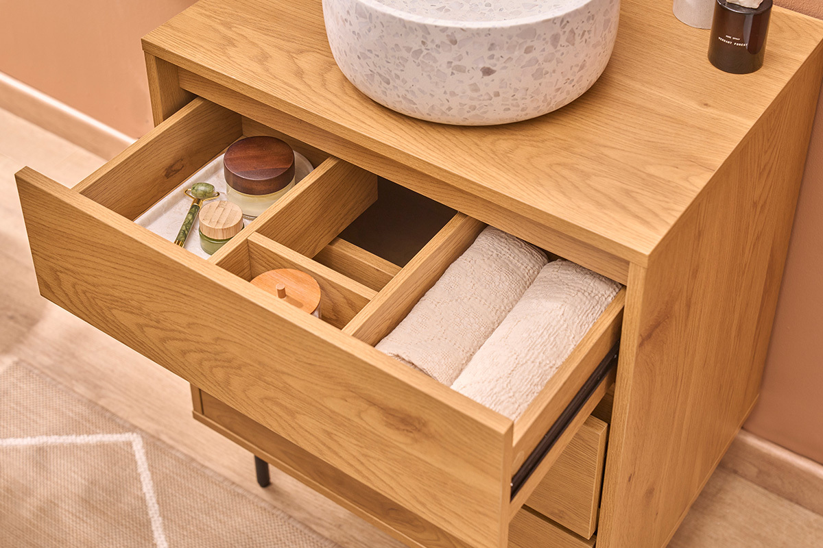 Meuble de salle de bain finition bois clair ch�ne et m�tal noir L60 cm ARAGON