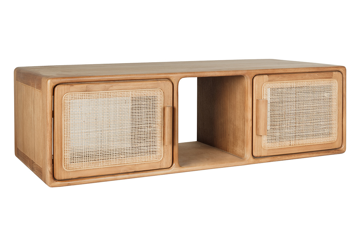 Meuble de salle de bain suspendu en bois teck massif et cannage rotin L120 cm BALIA