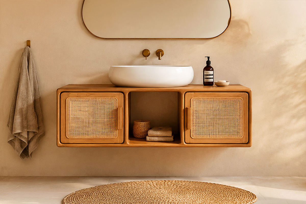 Meuble de salle de bain suspendu en bois teck massif et cannage rotin L120 cm BALIA