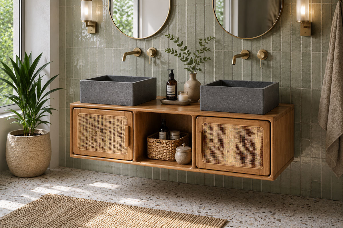 Meuble de salle de bain suspendu en bois teck massif et cannage rotin L120 cm BALIA