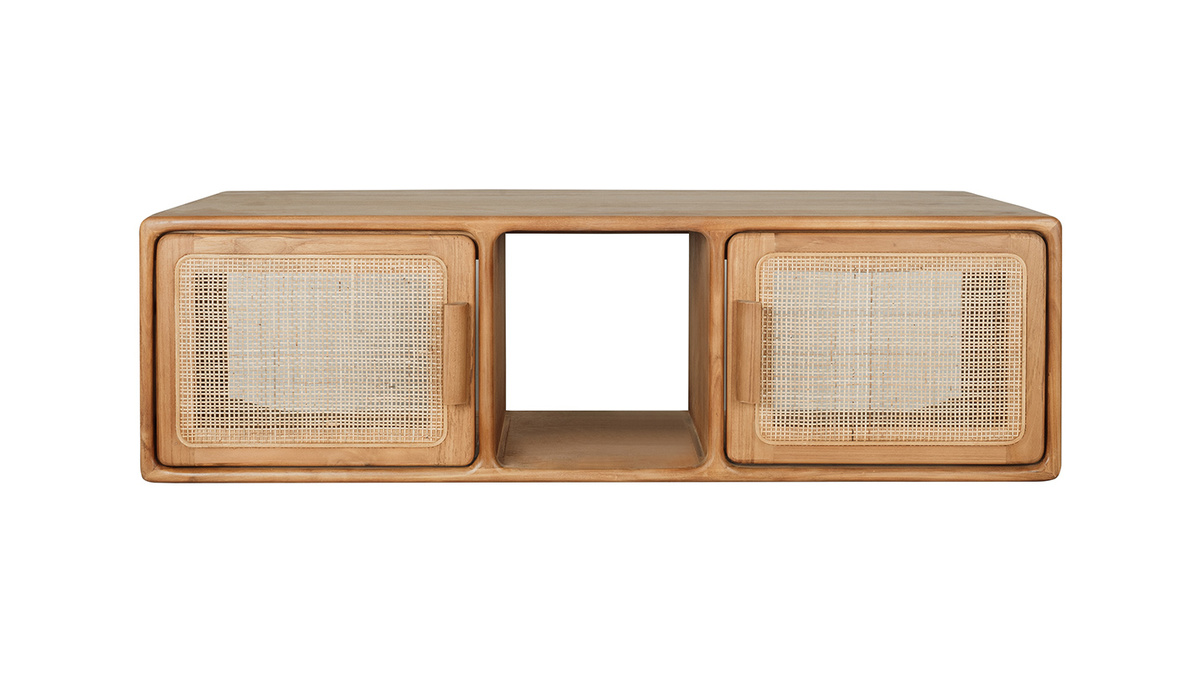 Meuble de salle de bain suspendu en bois teck massif et cannage rotin L120 cm BALIA