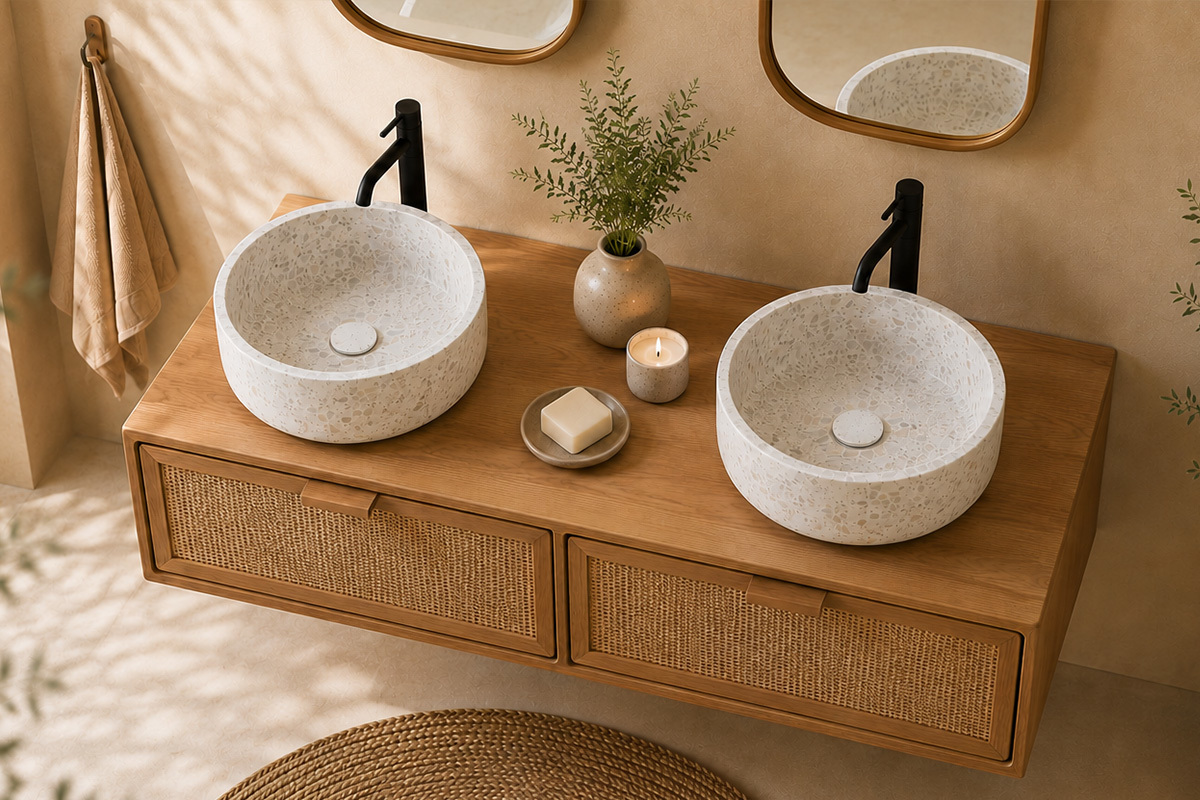 Meuble de salle de bain suspendu en bois teck massif et cannage rotin L120 cm BALIA