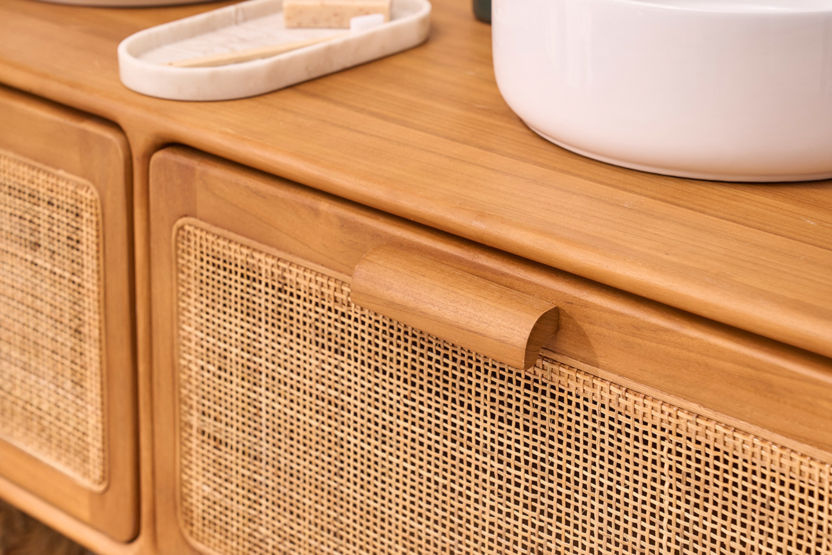 Meuble de salle de bain suspendu en bois teck massif et cannage rotin L120 cm BALIA