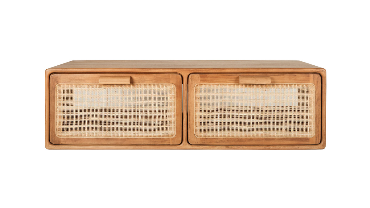 Meuble de salle de bain suspendu en bois teck massif et cannage rotin L120 cm BALIA