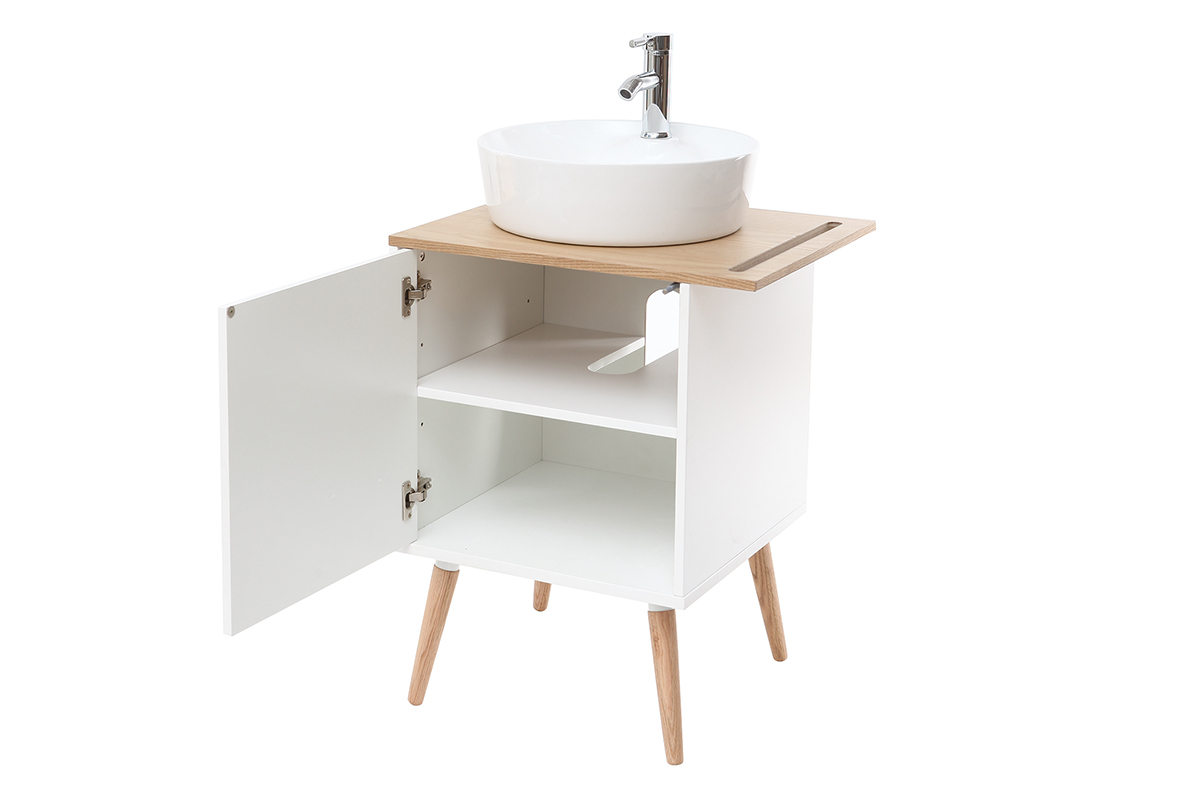 Meuble de salle de bain : vasque, meuble sous vasque une porte chne et blanc et miroir TOTEM