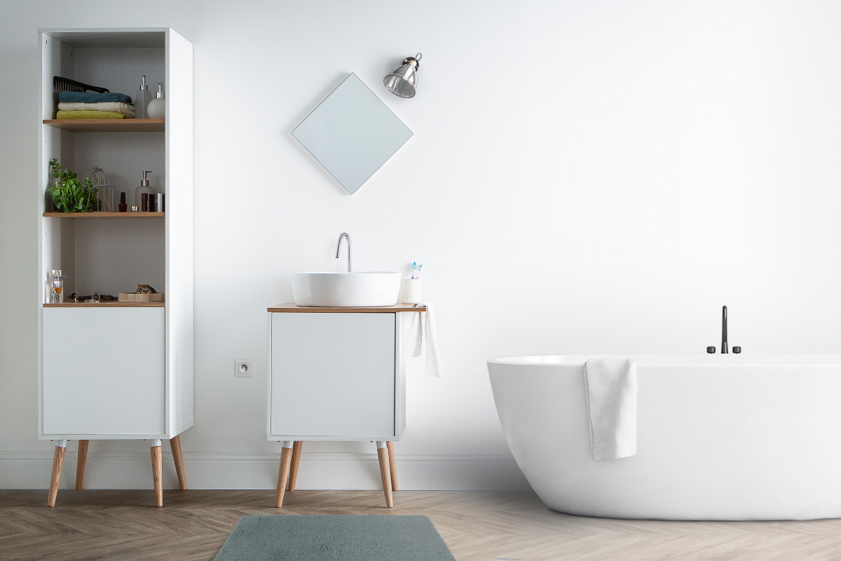 Meuble de salle de bain : vasque, meuble sous vasque une porte chne et blanc et miroir TOTEM