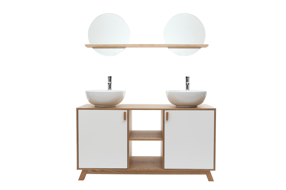 Meuble de salle de bains avec double vasque, rangements et miroir ch�ne et blanc TOTEM