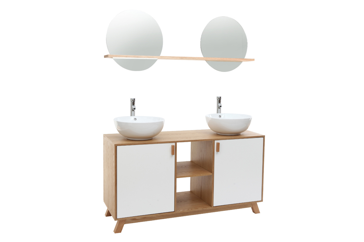 Meuble de salle de bains avec double vasque, rangements et miroir ch�ne et blanc TOTEM