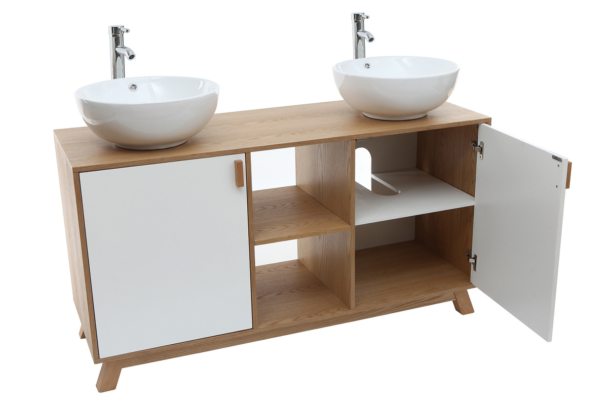 Meuble de salle de bains avec double vasque, rangements et miroir ch�ne et blanc TOTEM