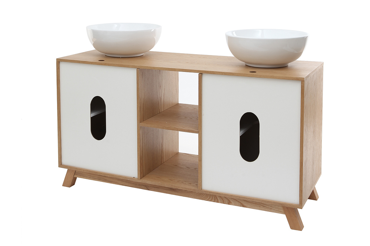 Meuble de salle de bains avec double vasque, rangements et miroir ch�ne et blanc TOTEM