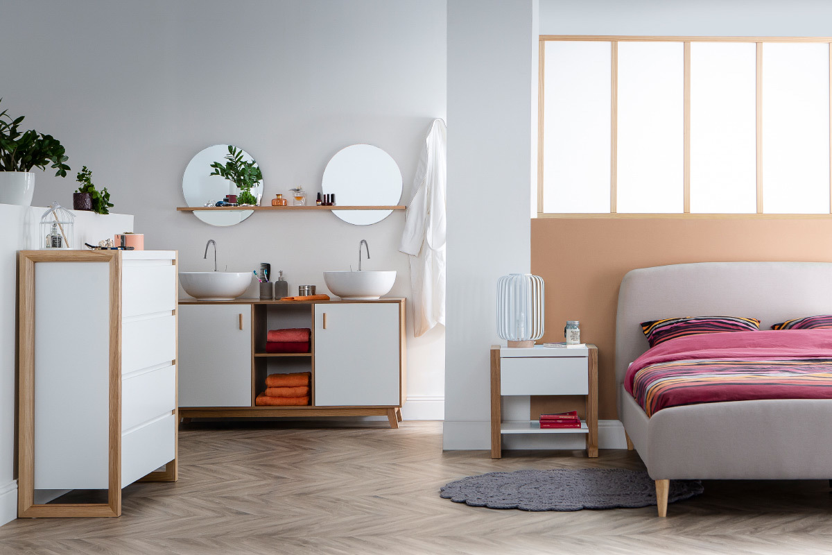 Meuble de salle de bains avec double vasque, rangements et miroir ch�ne et blanc TOTEM
