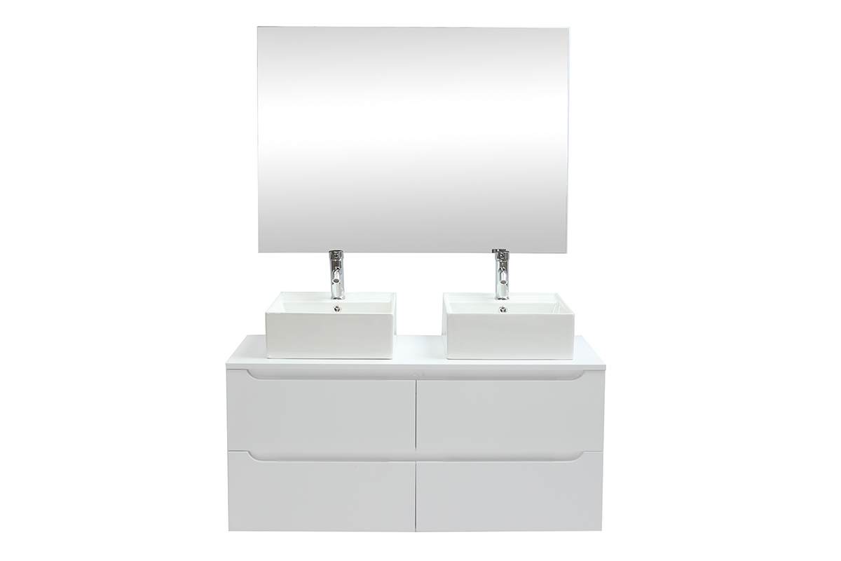 Meuble de salle de bains avec miroir et rangements blanc (sans vasques) LOTA