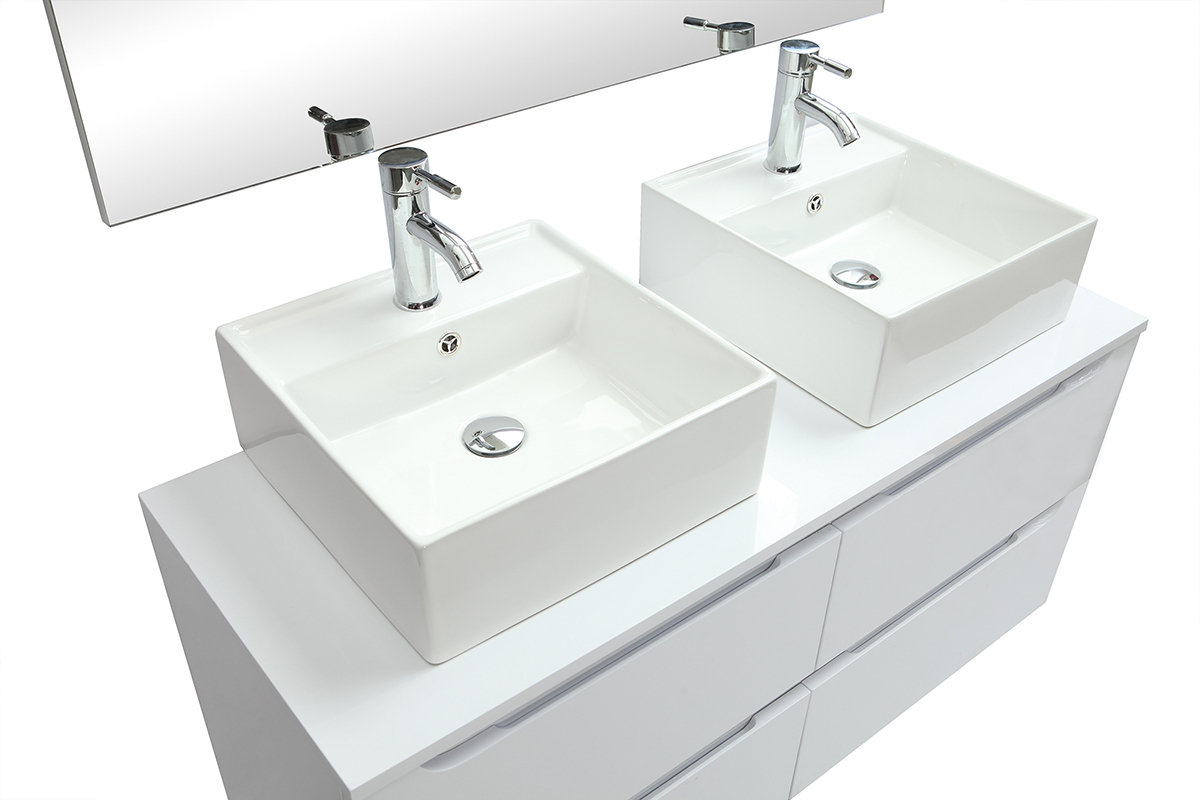 Meuble de salle de bains avec miroir et rangements blanc (sans vasques) LOTA