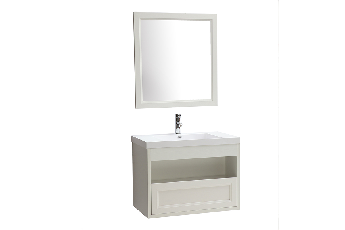 Meuble de salle de bains suspendu avec vasque, miroir et rangement blanc RIVER