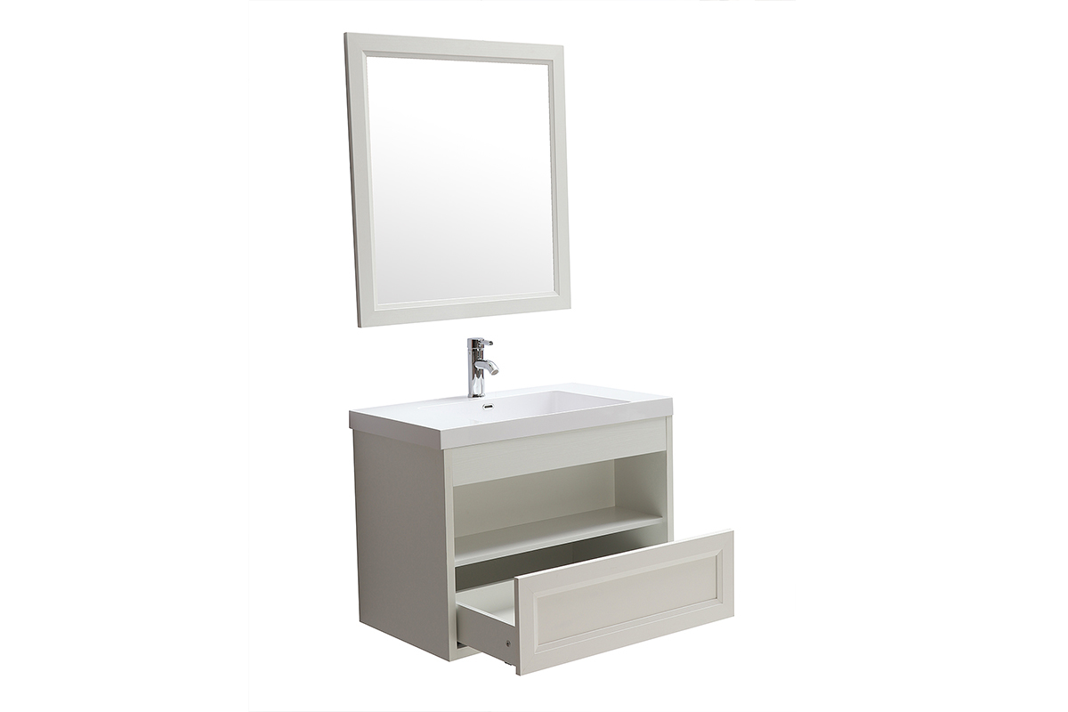 Meuble de salle de bains suspendu avec vasque, miroir et rangement blanc RIVER