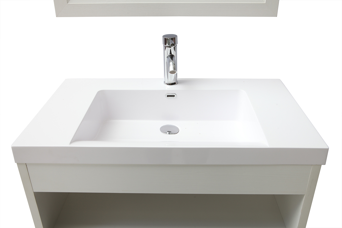 Meuble de salle de bains suspendu avec vasque, miroir et rangement blanc RIVER