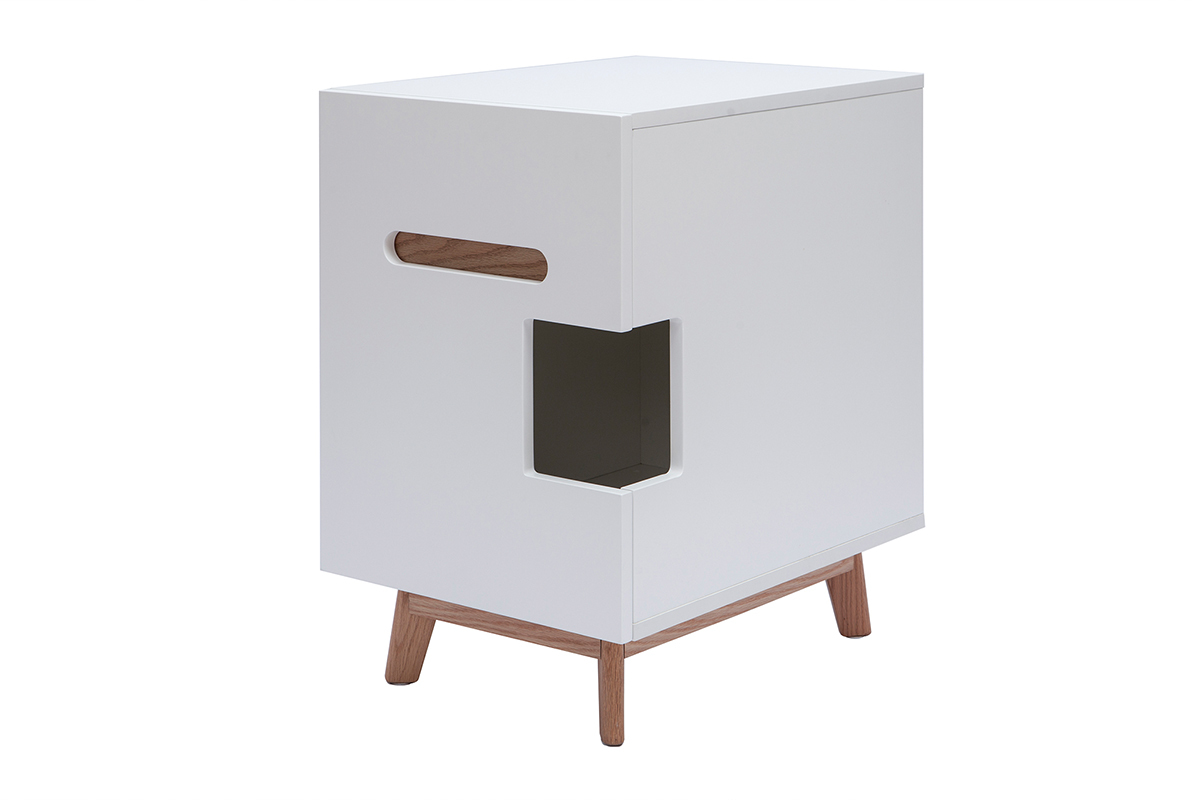 Meuble liti�re design pour chat blanc et bois L46 O'MALLEY