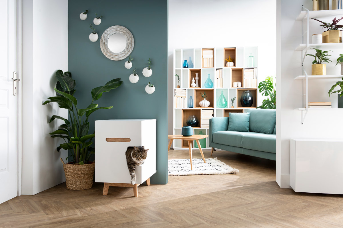 Meuble liti�re design pour chat blanc et bois L46 O'MALLEY