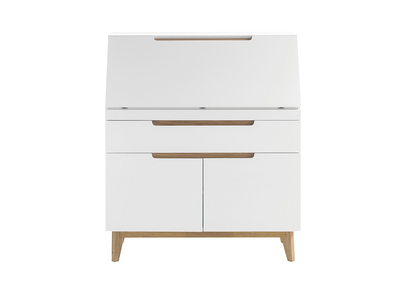Meuble secr&eacute;taire scandinave blanc mat et bois SKIVE