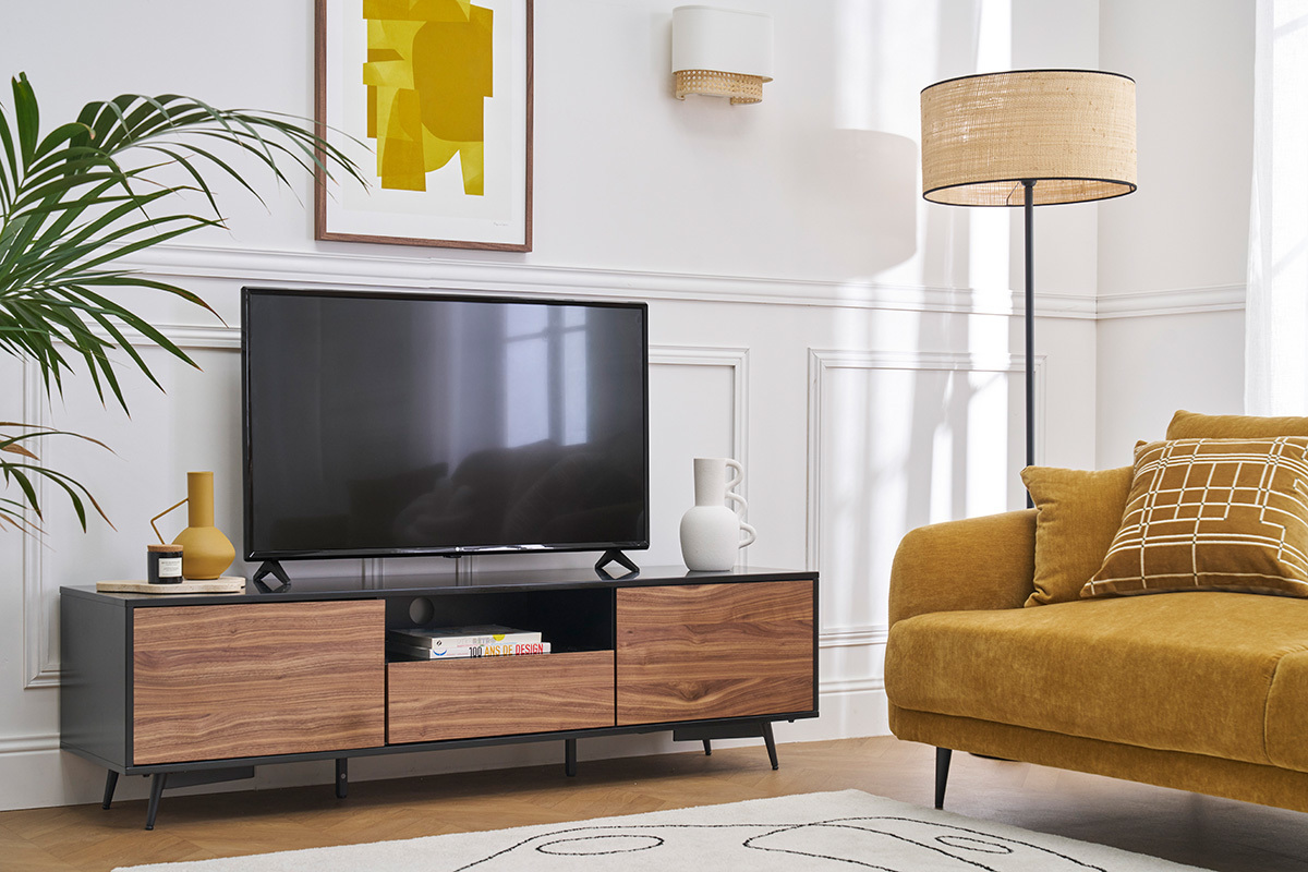 Meuble TV bois fonc noyer, noir mat et mtal noir 2 portes 1 tiroir L160 cm MERMOZ