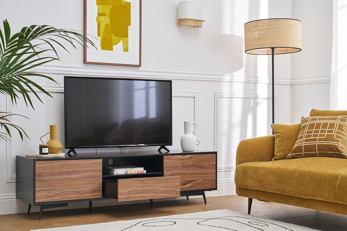 Meuble TV bois fonc noyer, noir mat et mtal noir 2 portes 1 tiroir L160 cm MERMOZ