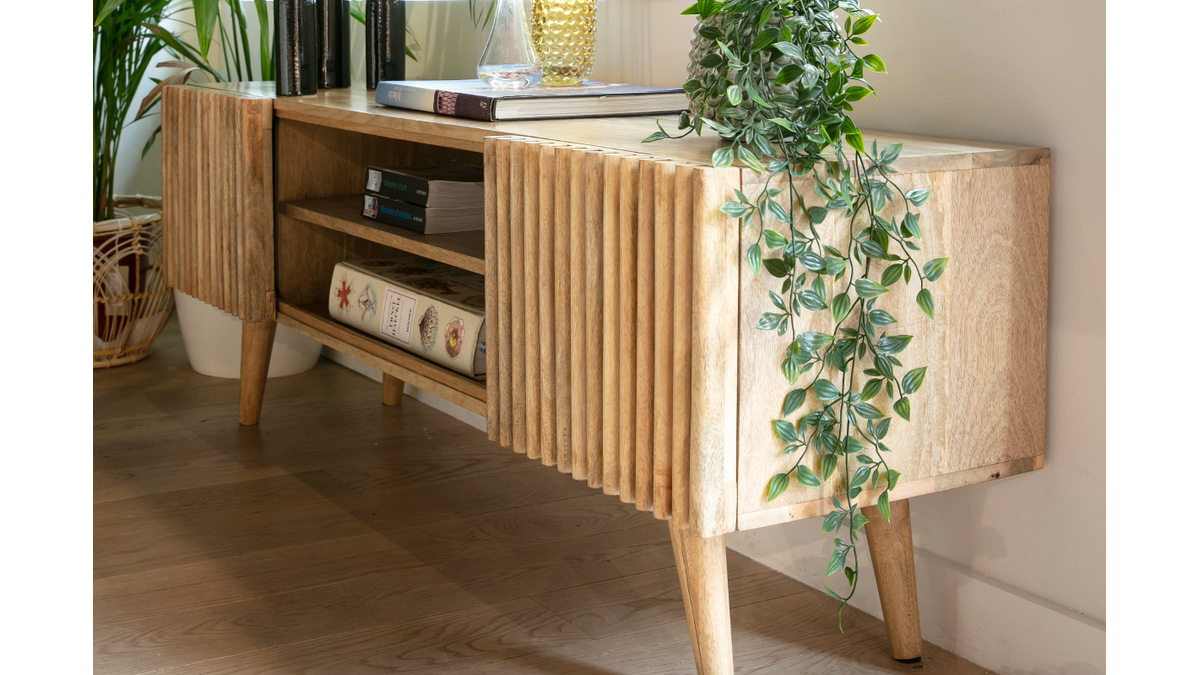 Petit meuble TV en bois à portes coulissantes motif baguette