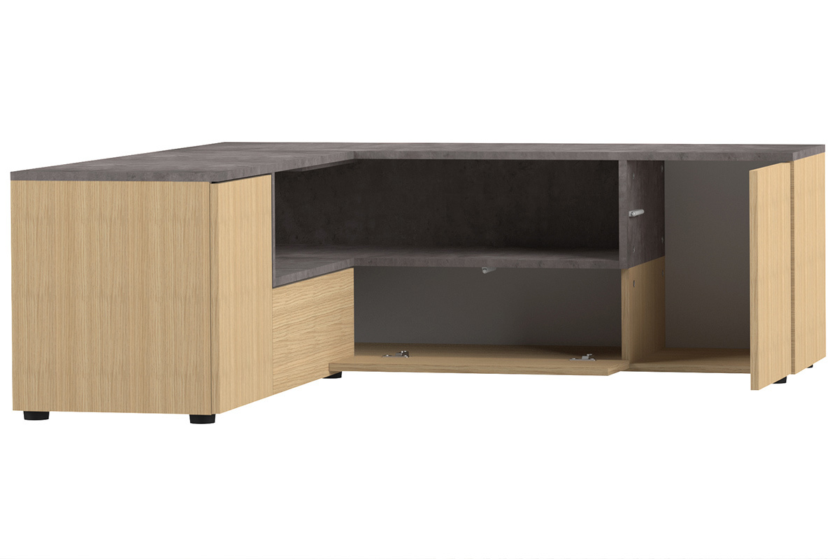 Meuble TV d'angle design bois et gris b�ton QUADRA