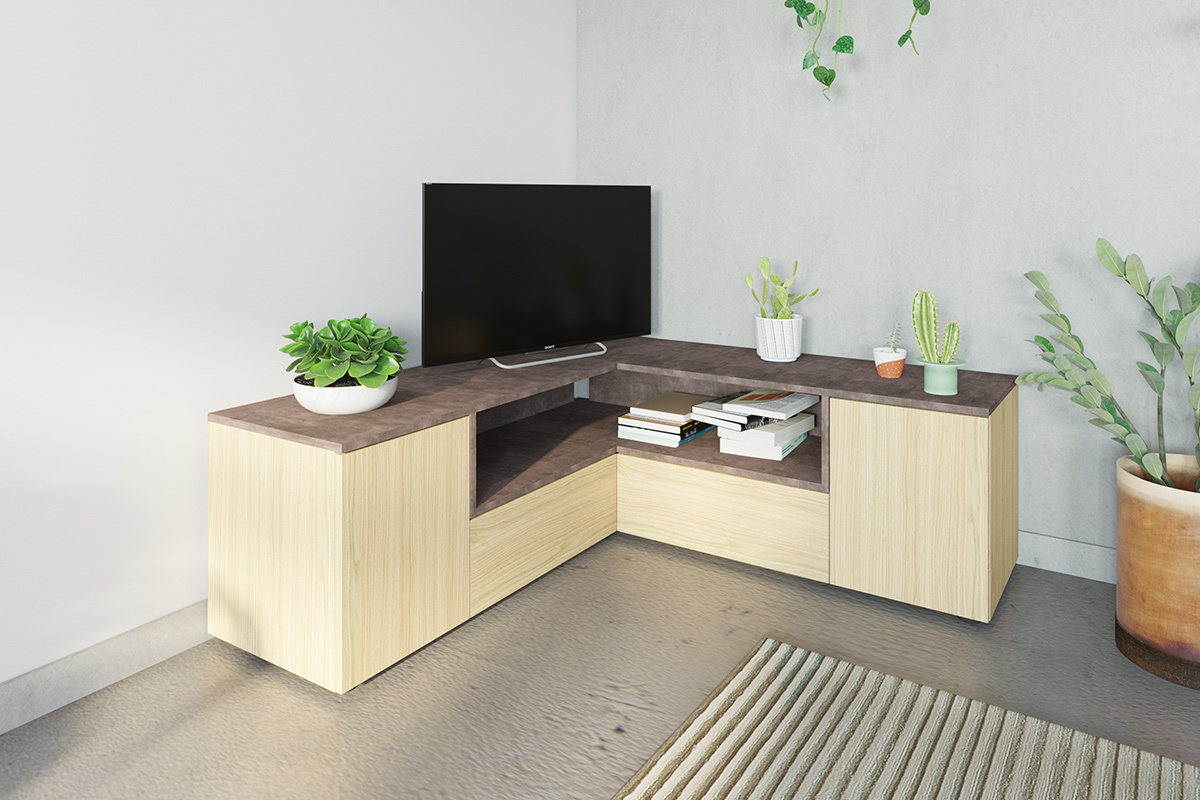 Meuble TV d'angle design bois et gris b�ton QUADRA
