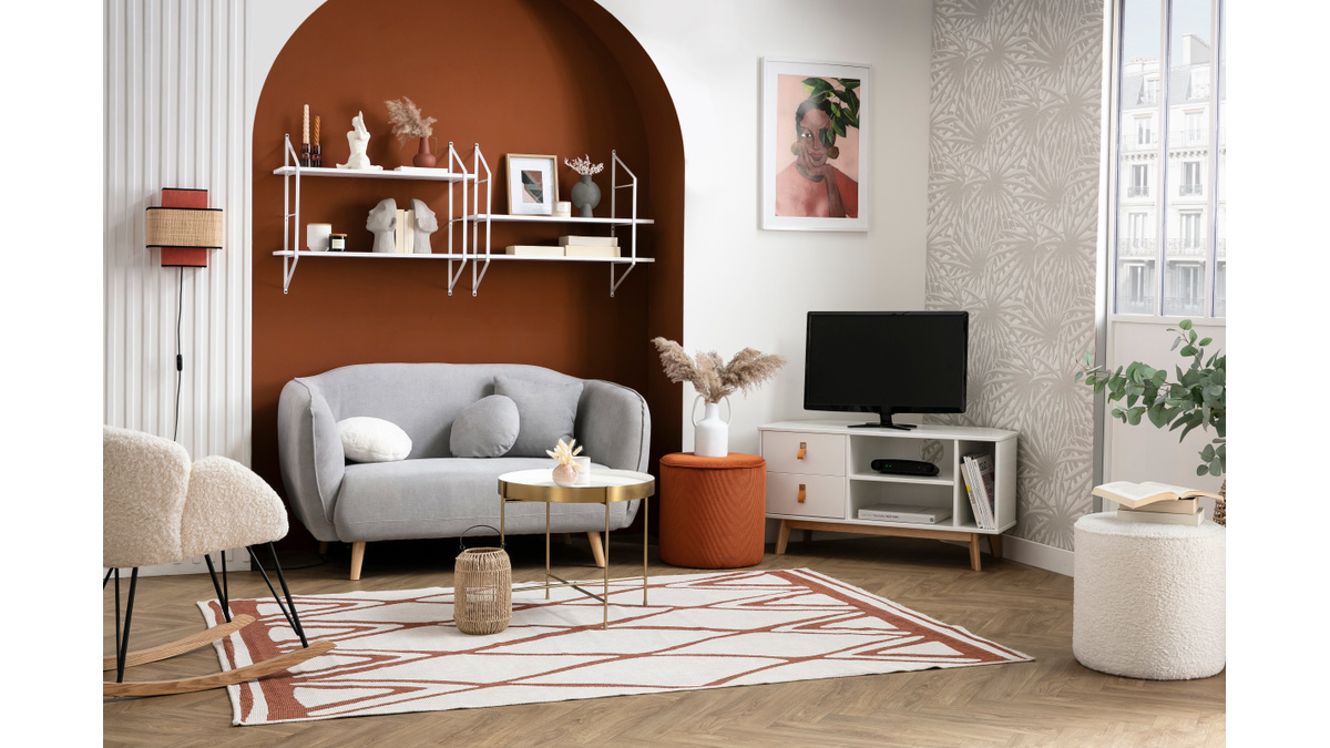 Meuble TV d'angle scandinave avec tiroirs blanc et bois L100 ROHAN