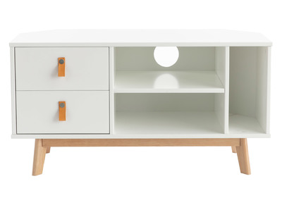 Meuble TV d'angle scandinave avec tiroirs blanc et bois ROHAN