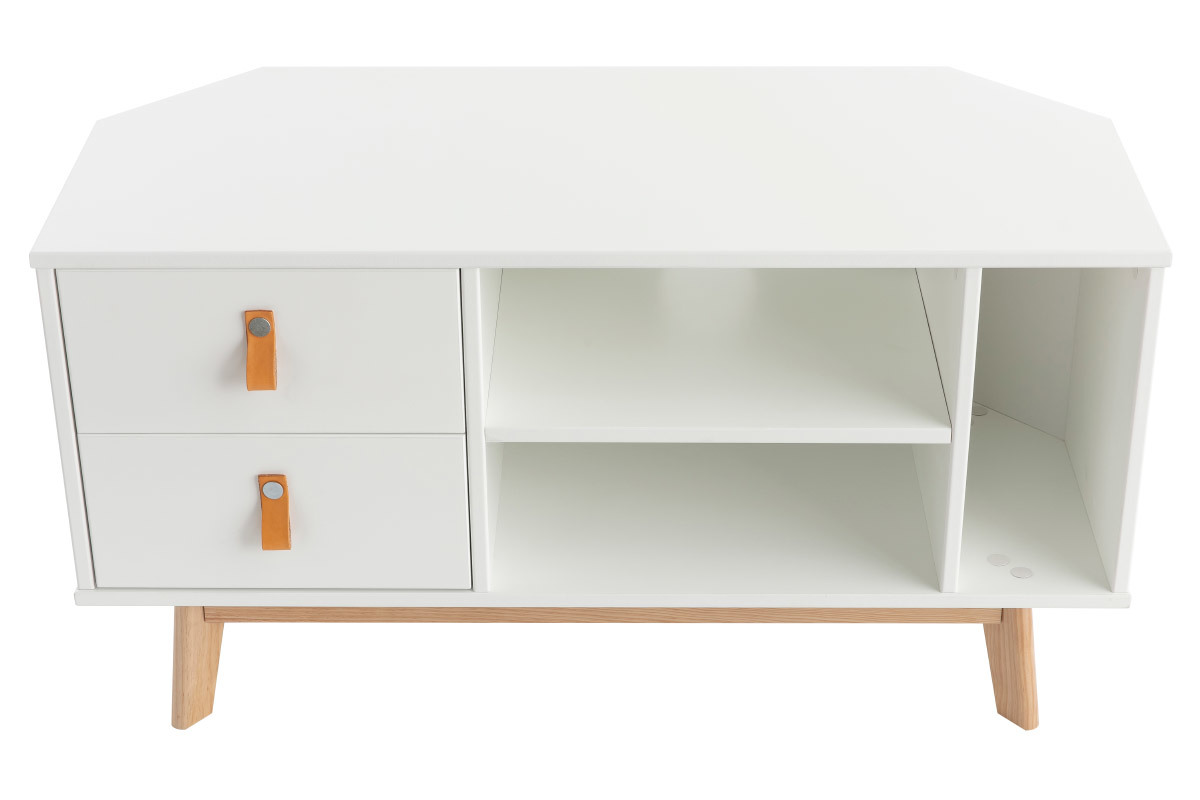 Meuble TV d'angle scandinave blanc et bois avec tiroirs L100 cm ROHAN