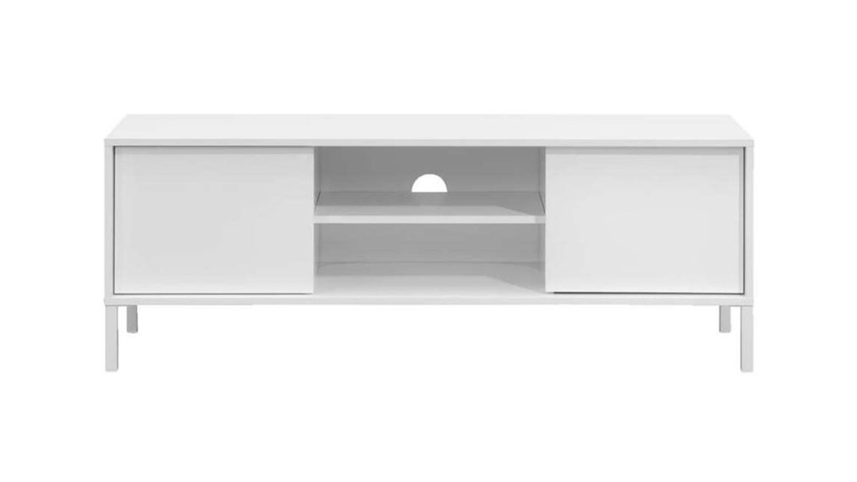 Meuble TV design avec rangements blanc laqué et pieds métal blanc L138 MIKY