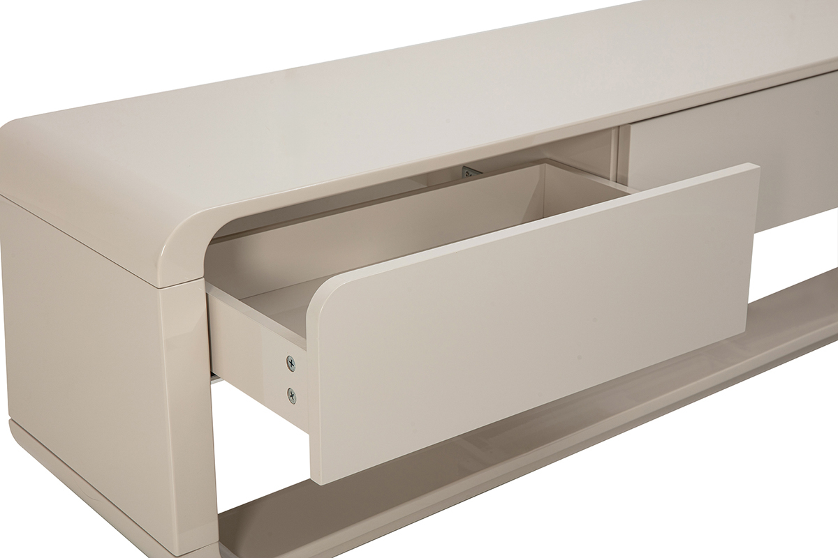 Meuble TV beige brillant avec tiroir ouvert, vue de c�t�.