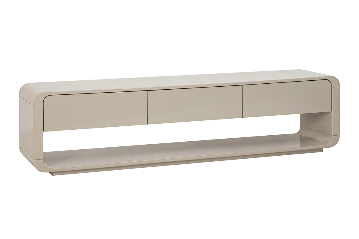 Meuble TV beige brillant, 3 tiroirs, vue de 3/4.