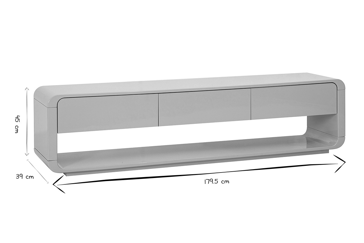 Dimensions du meuble TV design noir et blanc avec 3 tiroirs, L179,5 cm x H45 cm x P39 cm.
