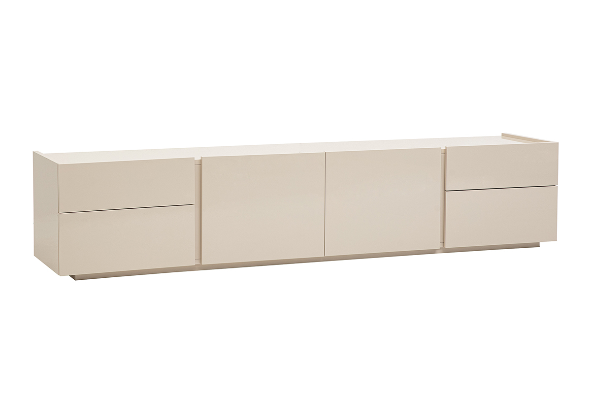 Meuble TV beige brillant avec tiroirs et portes, vue de c�t�.