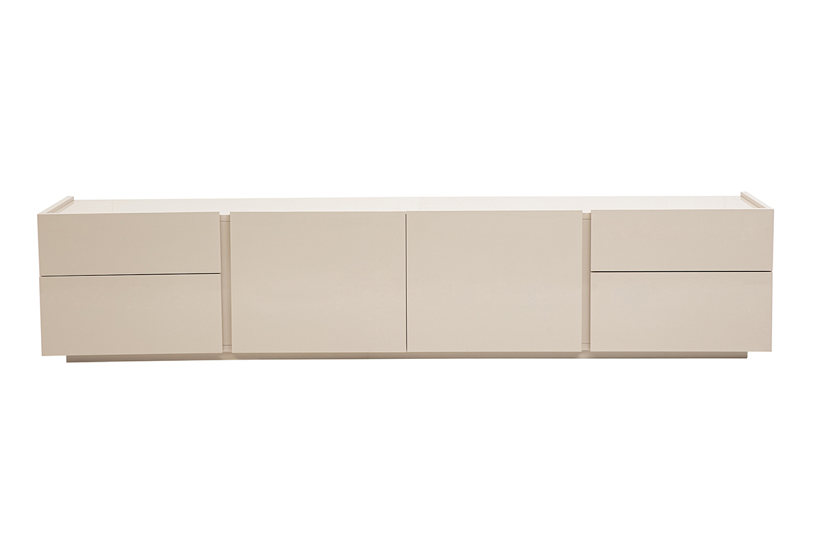 Meuble TV beige brillant avec rangements, vue de face.