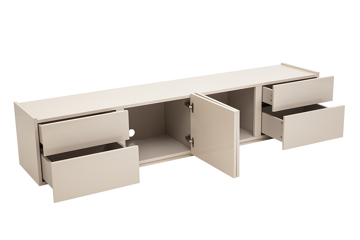 Meuble TV beige brillant avec tiroirs et portes ouvertes, vue de c�t�.