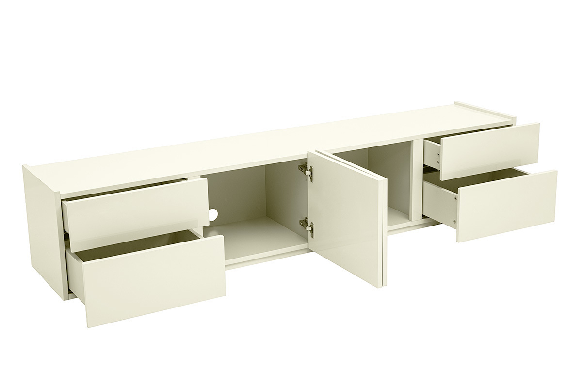 Meuble TV beige laqu� brillant avec tiroirs et portes ouverts, vue d'angle.