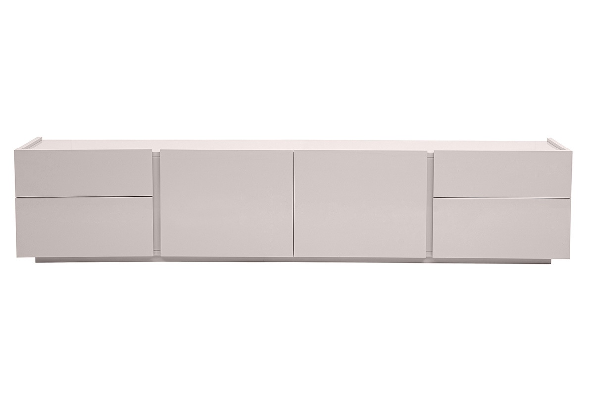 Meuble TV design beige laqu� brillant avec rangements, vue de face