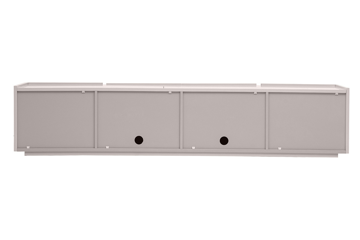 Meuble TV design beige laqu� brillant avec rangements, vue de dos.