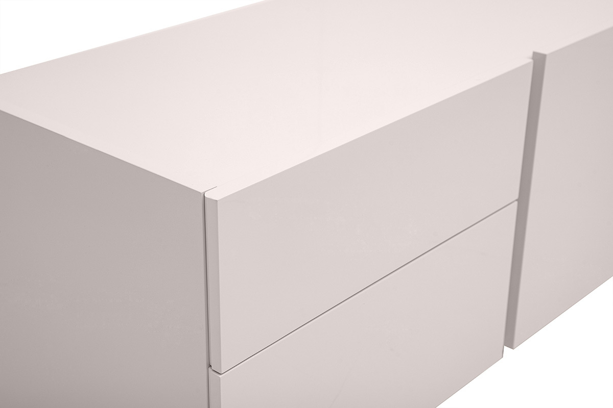 Meuble TV beige laqu� brillant avec rangements, vue de haut, design �pur�.