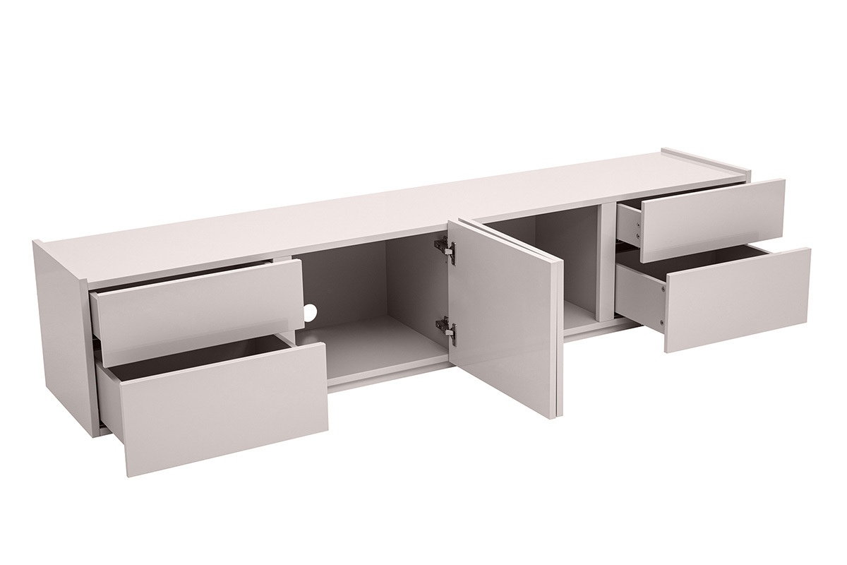 Meuble TV beige laqu� brillant, vue de 3/4 avec tiroirs ouverts et rangements visibles