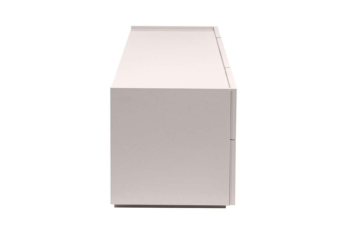 Meuble TV design beige laqu� brillant vue de profil, avec rangements int�gr�s.