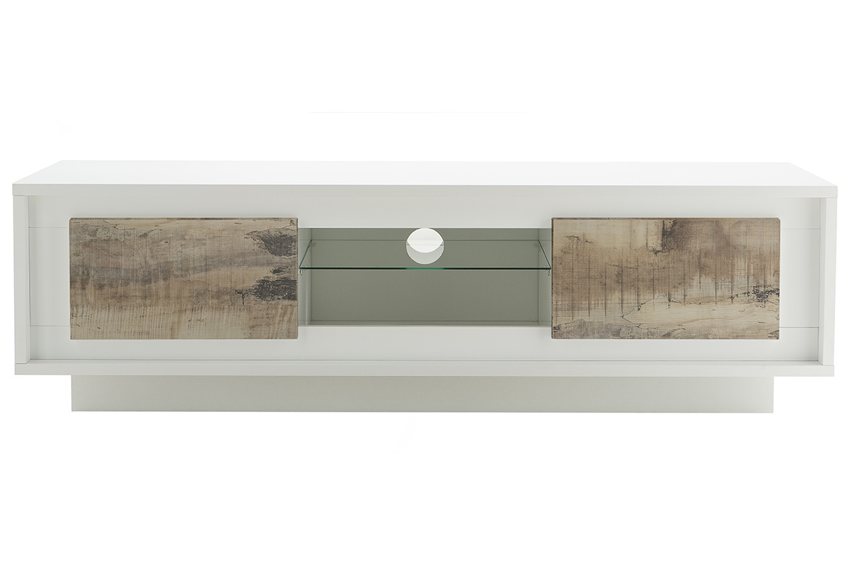 Meuble TV design blanc avec rangements dcor bois clair LAND