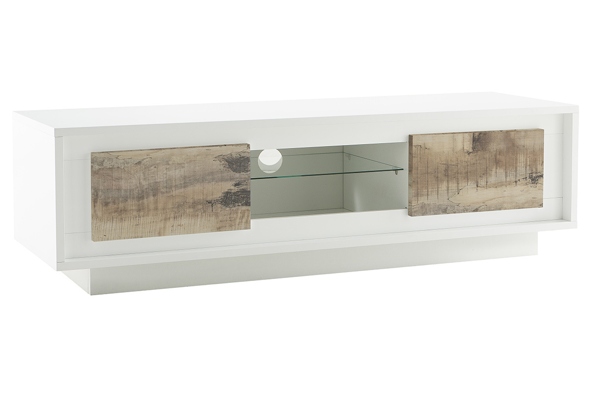 Meuble TV design blanc avec rangements dcor bois clair LAND