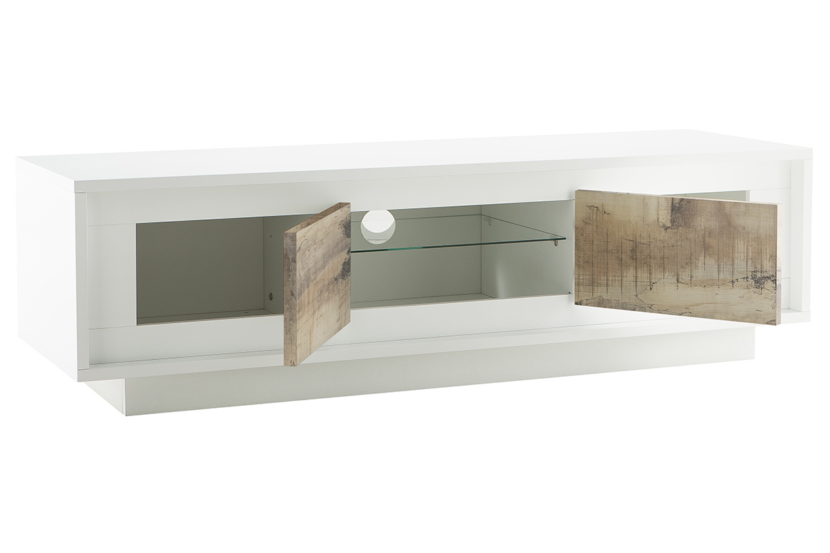 Meuble TV design blanc avec rangements dcor bois clair LAND